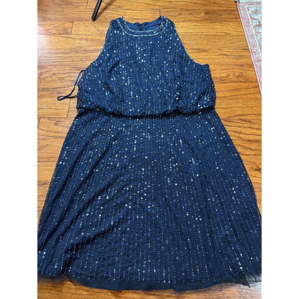 Adrianna Papell Navy Blue Sequin Beaded Blouson Cocktail Dress Size 16